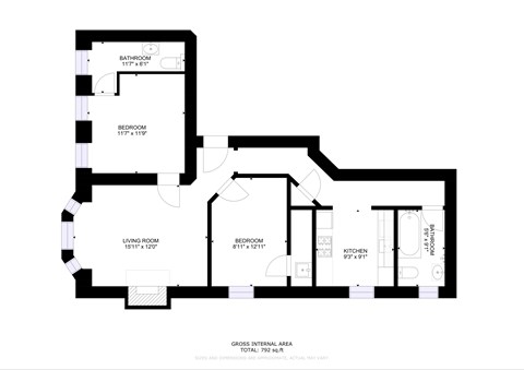 Floor plan for 2 beds, 1.5 baths, 792 sqft